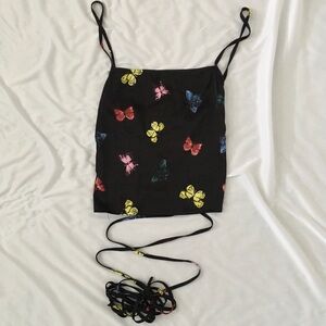 Black butterfly crop top with multicolored butterflies and tie back